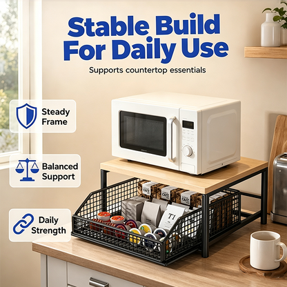 🍳 50% OFF NOW! 🗄️ 2-Tier Kitchen Microwave Stand with Slide-Out Drawer – Heavy-Duty Countertop Shelf, Space-Saving & Easy Access ✨