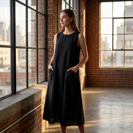 🌿Women's Sleeveless Round Neck Casual Dress Loose Fit Linen-Look Maxi Dress with Pockets