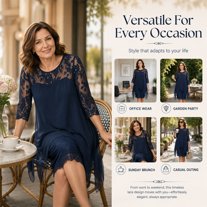🎉 LIMITED TIME 50% OFF! 👗 Lace Splice Midi Dress – Elegant Day-to-Night Grace ✨