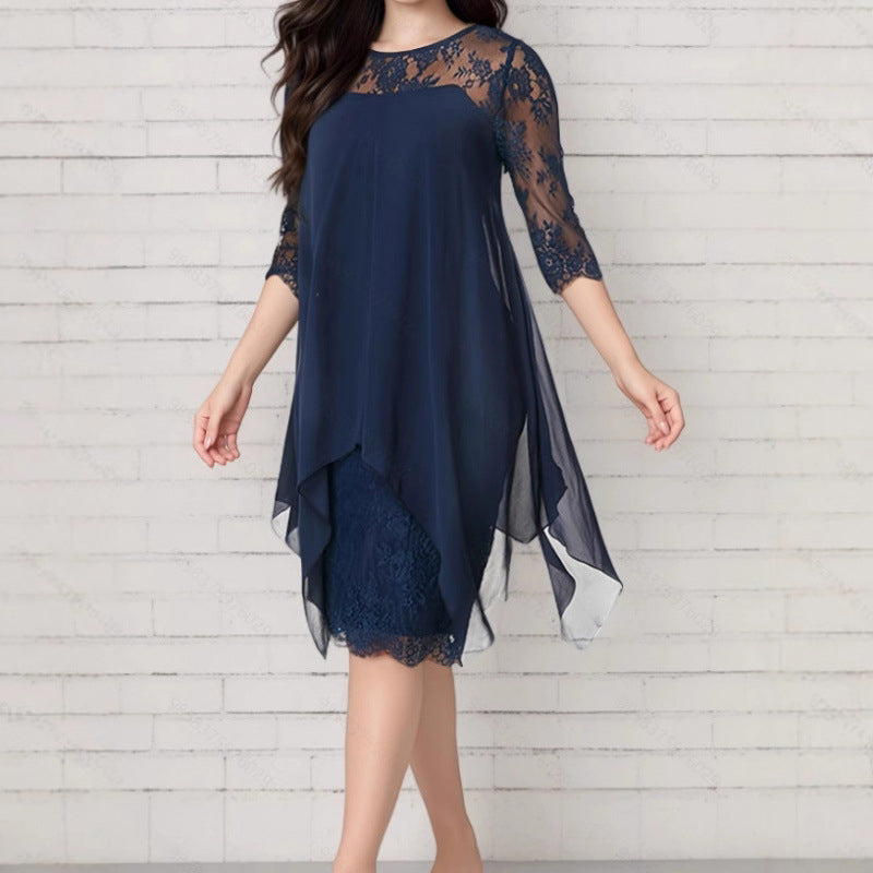 🎉 LIMITED TIME 50% OFF! 👗 Lace Splice Midi Dress – Elegant Day-to-Night Grace ✨