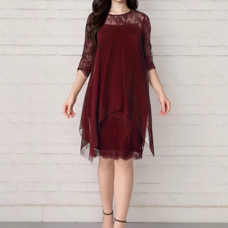 🎉 LIMITED TIME 50% OFF! 👗 Lace Splice Midi Dress – Elegant Day-to-Night Grace ✨