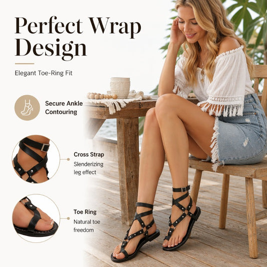 ❄️👡Women Flat Strappy Sandals Gladiator Rivet Ankle Strap Toe Loop Beach Shoes
