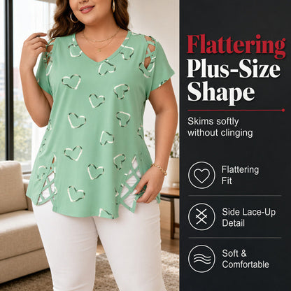Plus Size Women's Heart Print T-Shirt 💞 A Sweet Heart, a Flattering Fit – Wear the Love, Feel the Comfort ✨