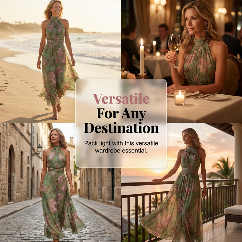 ⏳Time-Limited Special⏰Elegant Floral Print Halter Neck Maxi Dress