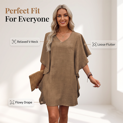 Women's Solid Color V-Neck Ruffle-Sleeve Short Dress