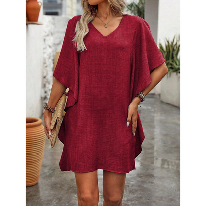 Women's Solid Color V-Neck Ruffle-Sleeve Short Dress