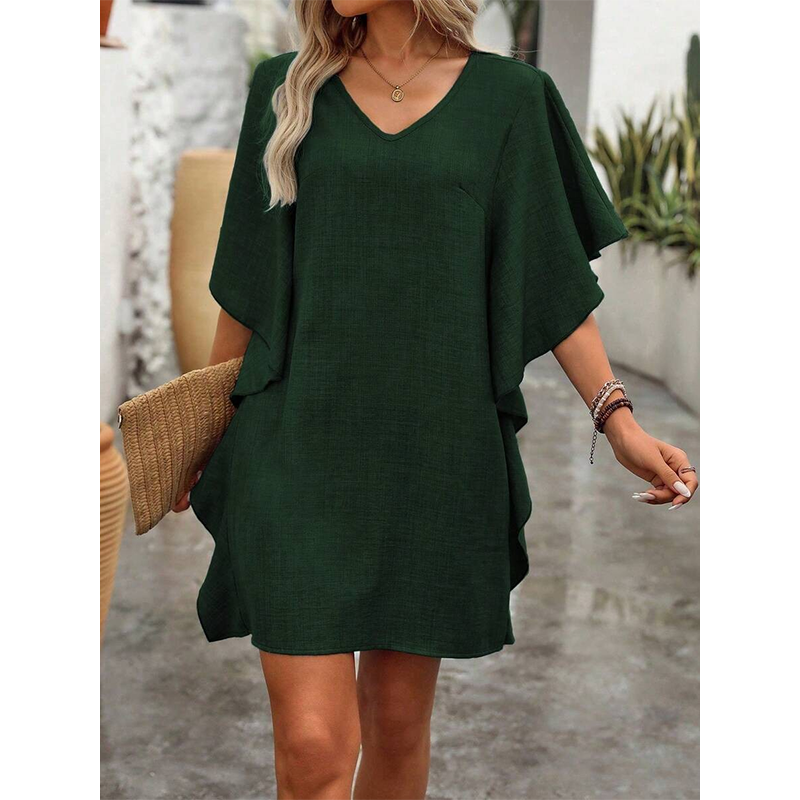 Women's Solid Color V-Neck Ruffle-Sleeve Short Dress