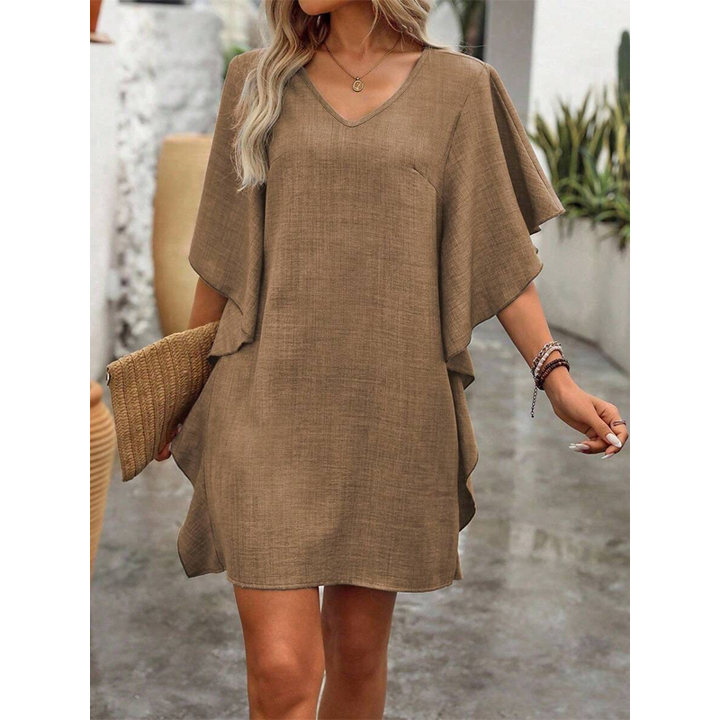 Women's Solid Color V-Neck Ruffle-Sleeve Short Dress
