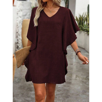 Women's Solid Color V-Neck Ruffle-Sleeve Short Dress