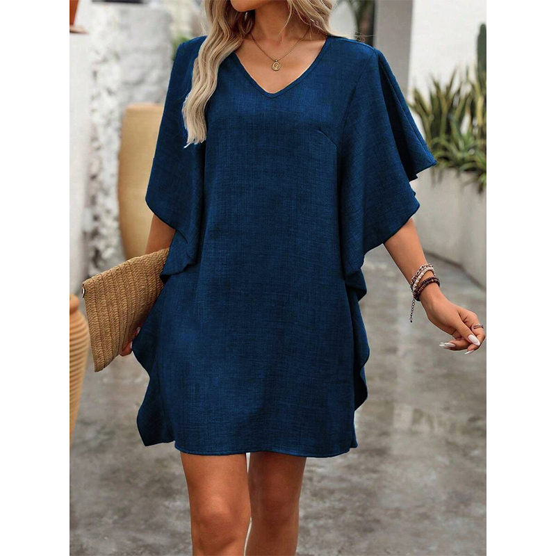 Women's Solid Color V-Neck Ruffle-Sleeve Short Dress