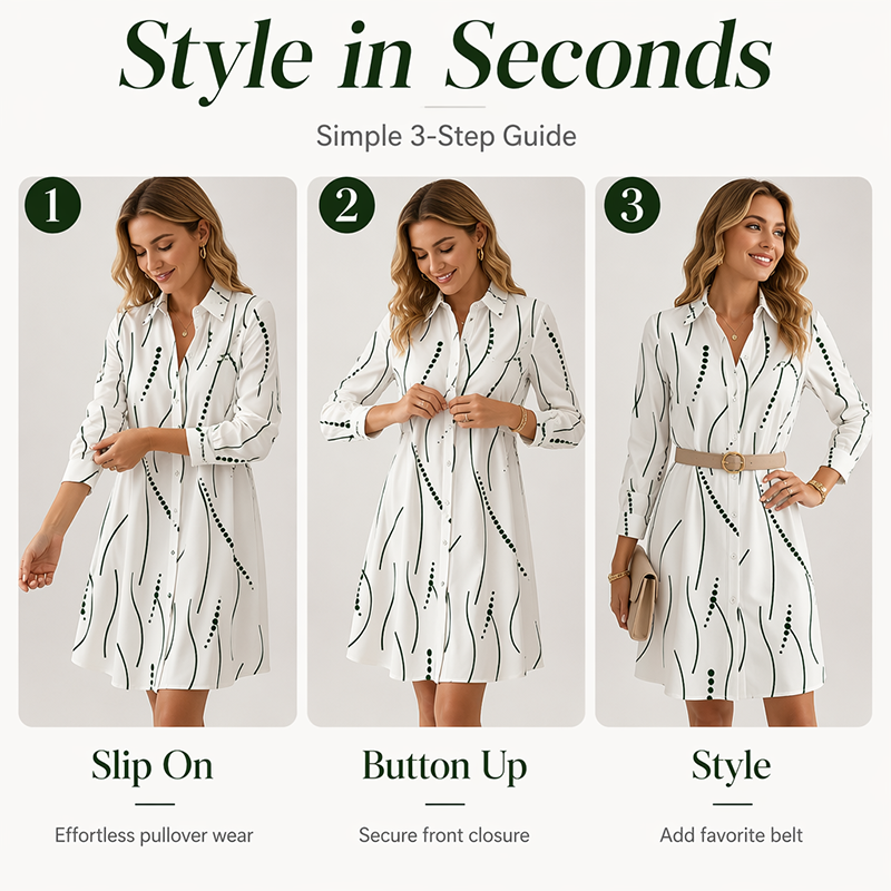 Women's Long Sleeve Printed Shirt Dress Casual Button Down Elegant Midi Dress
