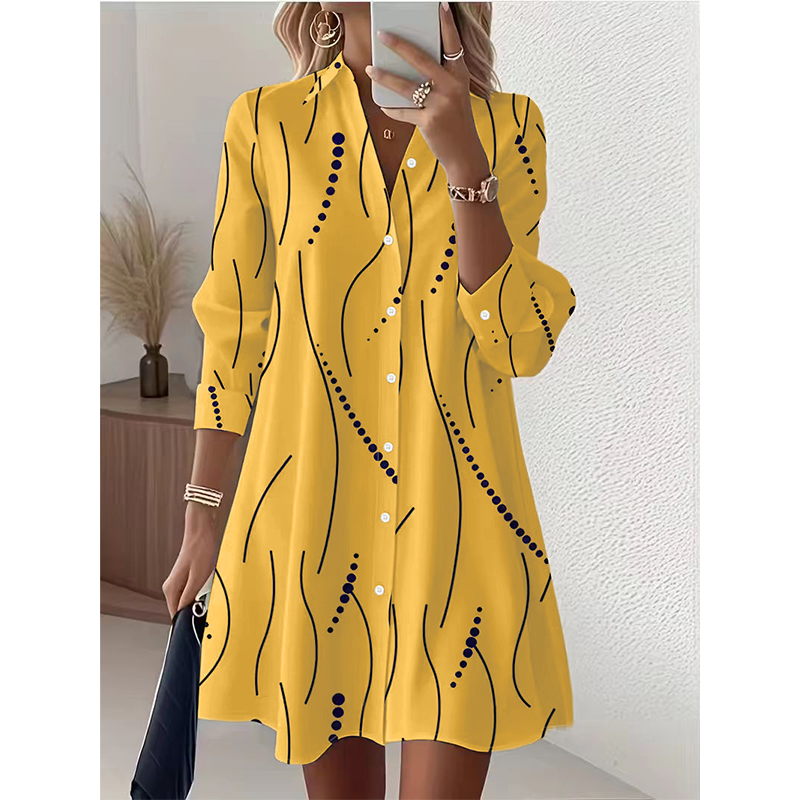 Women's Long Sleeve Printed Shirt Dress Casual Button Down Elegant Midi Dress