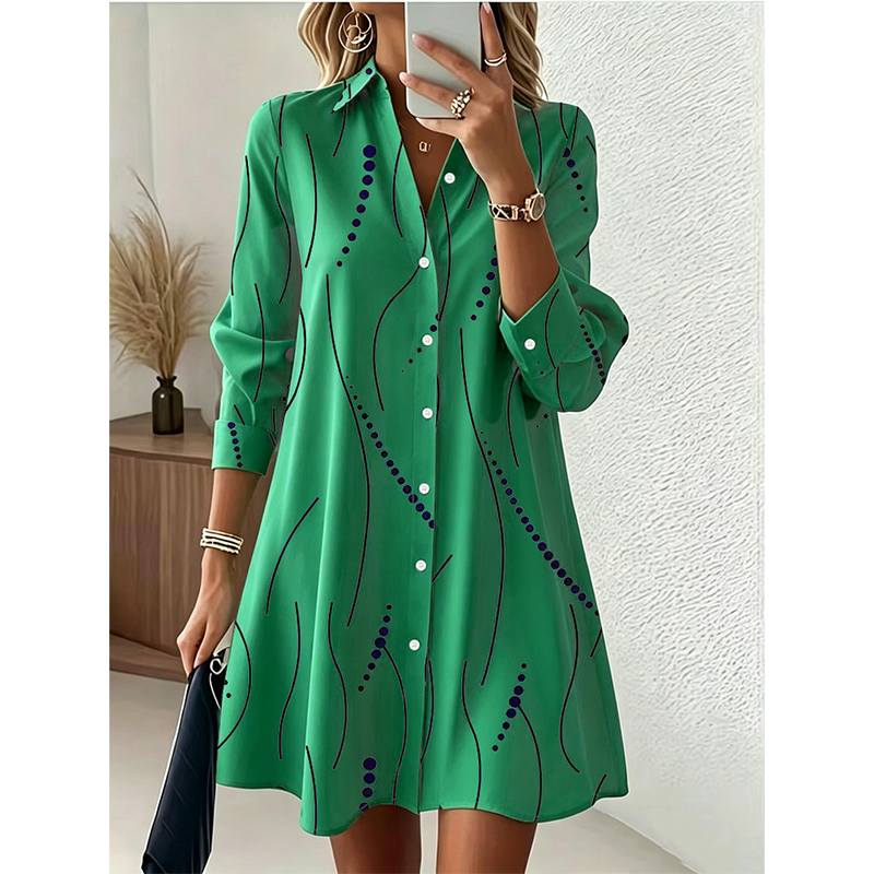 Women's Long Sleeve Printed Shirt Dress Casual Button Down Elegant Midi Dress
