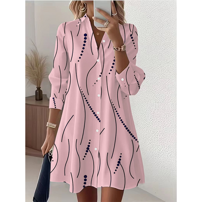Women's Long Sleeve Printed Shirt Dress Casual Button Down Elegant Midi Dress