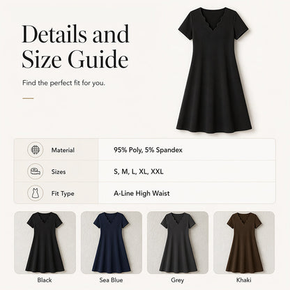 Women's Scalloped V-Neck High Waist Solid Color Dress