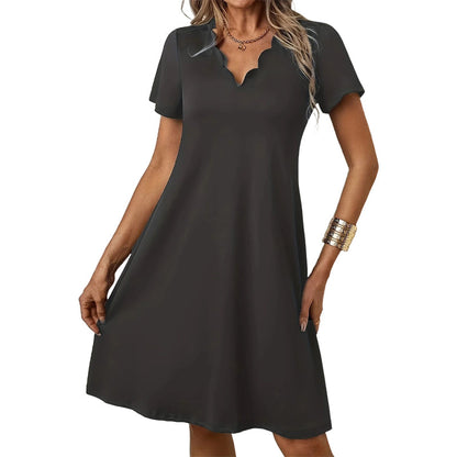 Women's Scalloped V-Neck High Waist Solid Color Dress