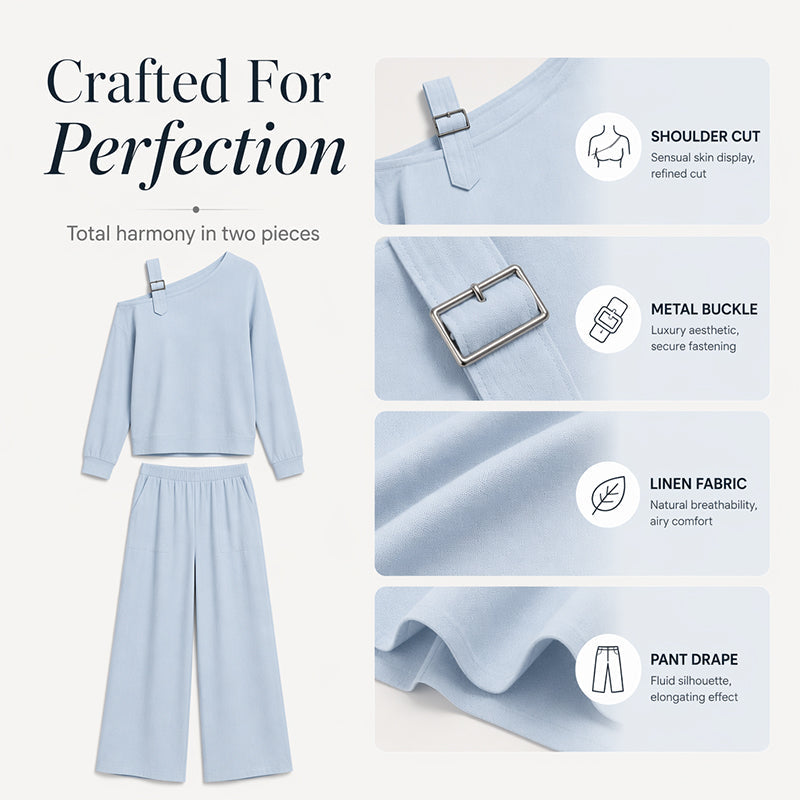 📢📢LIMITED-TIME 30% OFF!! 🔥Bestseller🔥 Off-shoulder Wide-leg Two-piece Set, Made Of Soft Blended Fabric, Creating An Elegant Dilhouette.