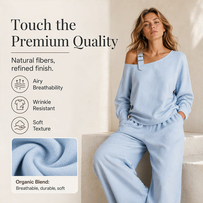 📢📢LIMITED-TIME 30% OFF!! 🔥Bestseller🔥 Off-shoulder Wide-leg Two-piece Set, Made Of Soft Blended Fabric, Creating An Elegant Dilhouette.