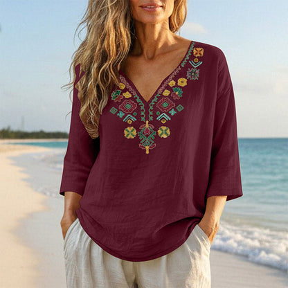 🌿Cotton And Linen Vintage Floral Embroidery V-Neck Top