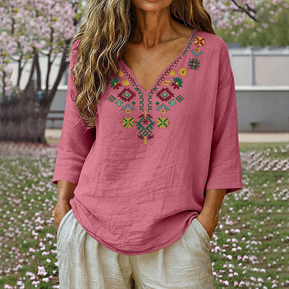 🌿Cotton And Linen Vintage Floral Embroidery V-Neck Top