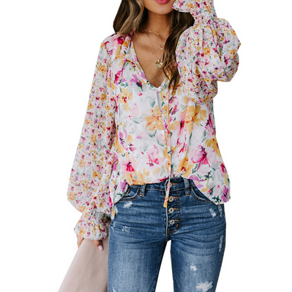 🍁Fall Collection Launch Sale-Women's Summer Floral Print V-Neck T-Shirt