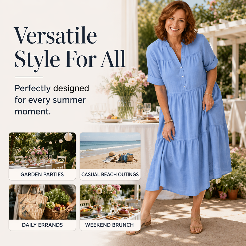 Women's V-Neck Button-Down Tiered Midi Dress