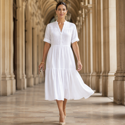 Women's V-Neck Button-Down Tiered Midi Dress