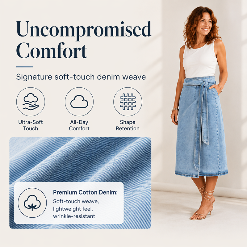 ✨🛍️Fresh Drop - Vintage Denim Wrap Skirt – Adjustable Side-Tie Closure & Versatile Midi Length for Day-to-Night
