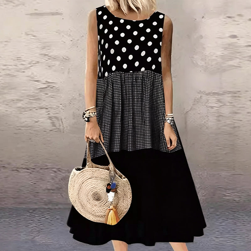 Bestseller🏆👗 Sleeveless Patchwork Dress – Versatile Polka & Plaid Print for Every Occasion 🌸✨