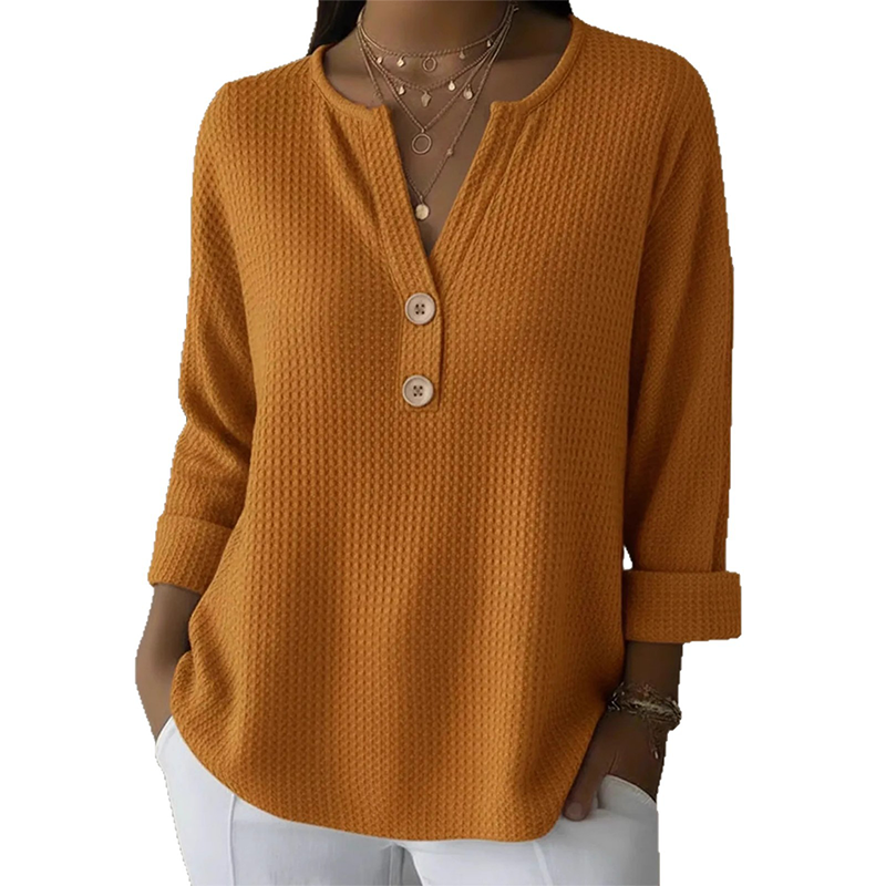 👚Top Pick - V-Neck Henley Top with Waffle Texture – Breathable Fabric & Versatile Solid Colors 🌿