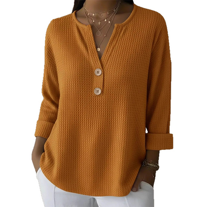 👚Top Pick - V-Neck Henley Top with Waffle Texture – Breathable Fabric & Versatile Solid Colors 🌿
