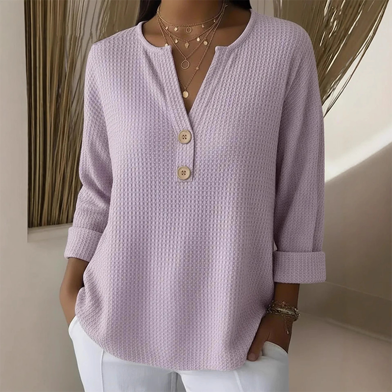 👚Top Pick - V-Neck Henley Top with Waffle Texture – Breathable Fabric & Versatile Solid Colors 🌿