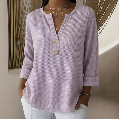 👚Top Pick - V-Neck Henley Top with Waffle Texture – Breathable Fabric & Versatile Solid Colors 🌿