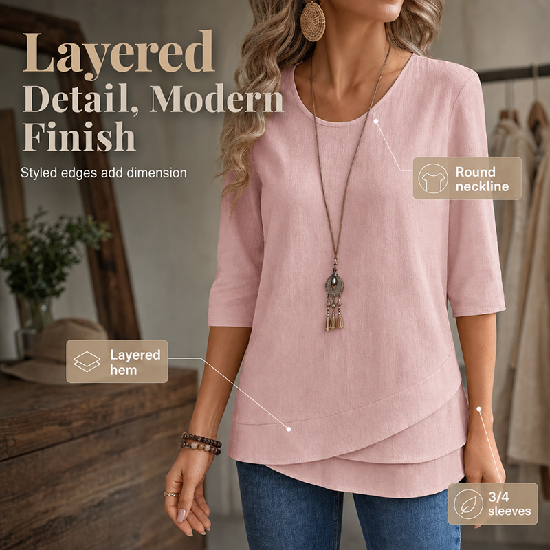 ✨🛍️Must-Have - Casual Layered Hem Top – Round Neck & Flattering Drape for Any Occasion