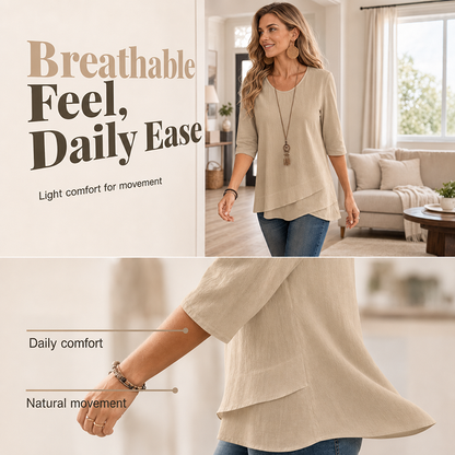 ✨🛍️Must-Have - Casual Layered Hem Top – Round Neck & Flattering Drape for Any Occasion