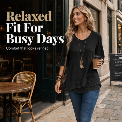 ✨🛍️Must-Have - Casual Layered Hem Top – Round Neck & Flattering Drape for Any Occasion
