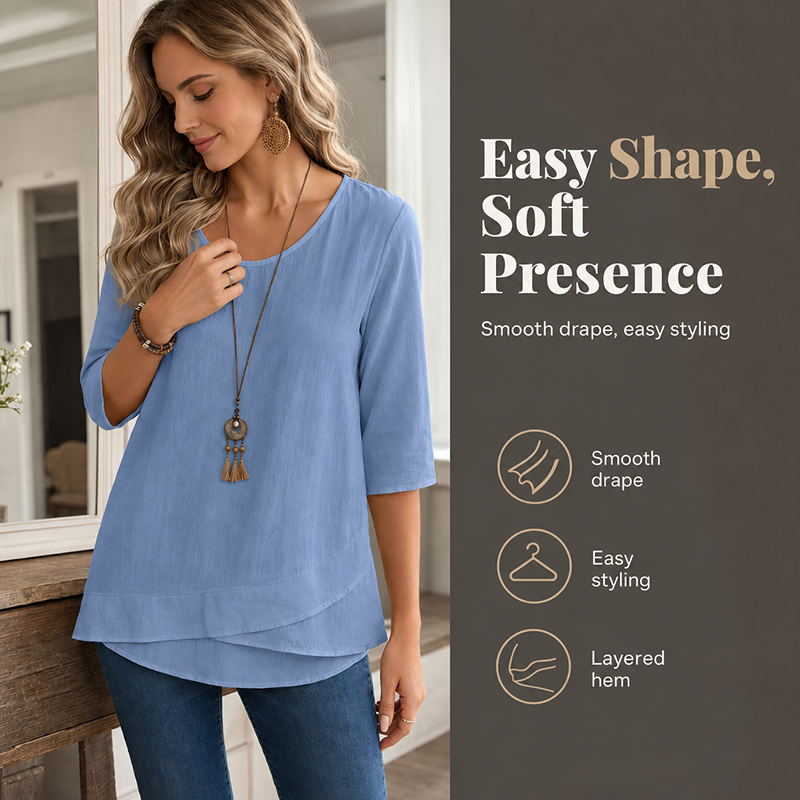 ✨🛍️Must-Have - Casual Layered Hem Top – Round Neck & Flattering Drape for Any Occasion