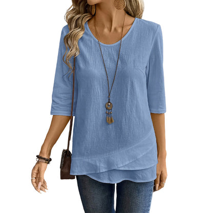 ✨🛍️Must-Have - Casual Layered Hem Top – Round Neck & Flattering Drape for Any Occasion