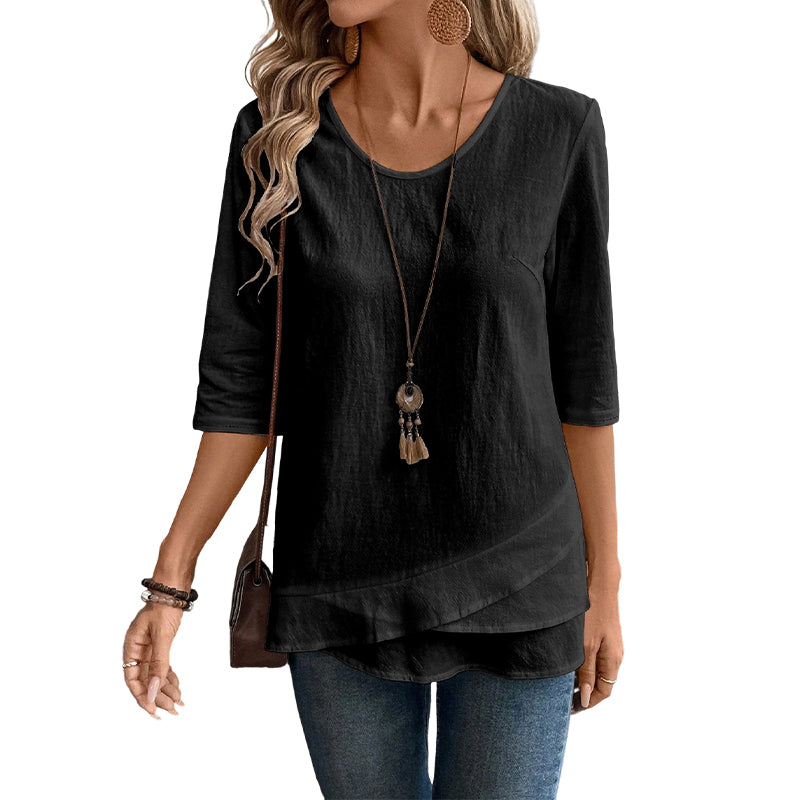 ✨🛍️Must-Have - Casual Layered Hem Top – Round Neck & Flattering Drape for Any Occasion