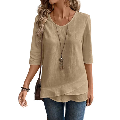✨🛍️Must-Have - Casual Layered Hem Top – Round Neck & Flattering Drape for Any Occasion