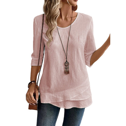 ✨🛍️Must-Have - Casual Layered Hem Top – Round Neck & Flattering Drape for Any Occasion