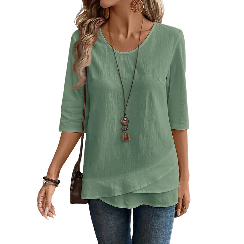 ✨🛍️Must-Have - Casual Layered Hem Top – Round Neck & Flattering Drape for Any Occasion