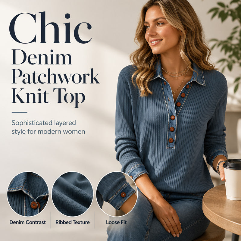 ✨🛍️Fresh Drop - Denim & Knit Patchwork Top – Relaxed Fit & Premium Stretch for All-Day Comfort