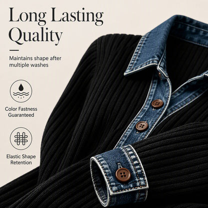 ⌛Limited-Time Offer-Women's Denim Collar Long Sleeve Patchwork Knit Top