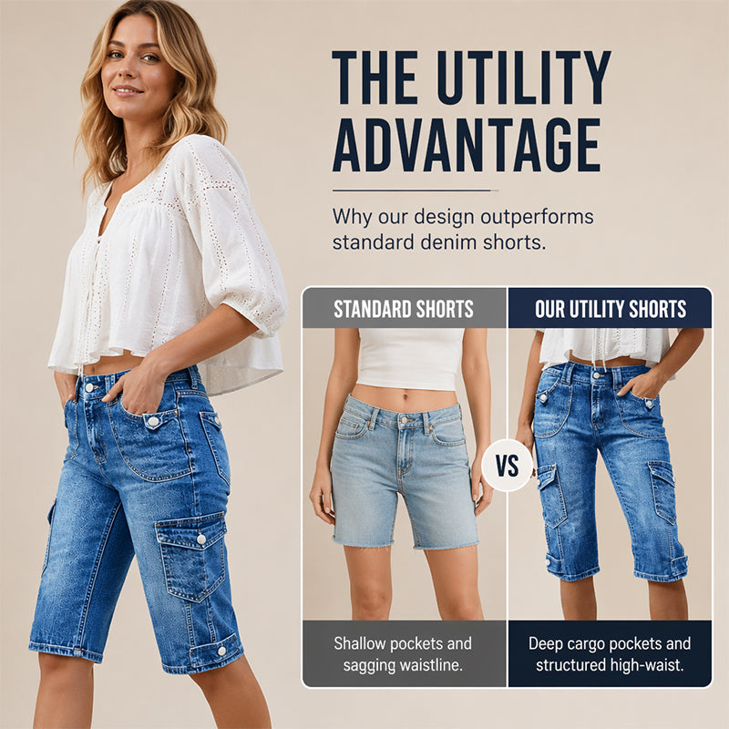 ⌛Limited-Time Offer-Women’s Knee Length Denim Cargo Shorts with Pockets