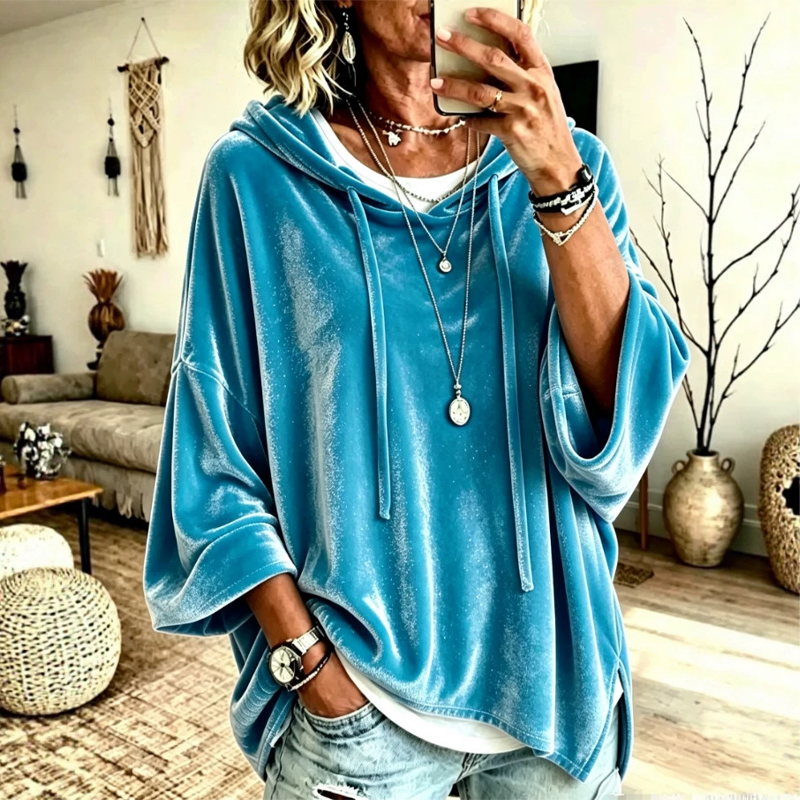 Women's Loose-Fit Velvet Drawstring Pullover Sweatshirt