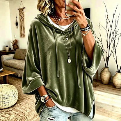 Women's Loose-Fit Velvet Drawstring Pullover Sweatshirt