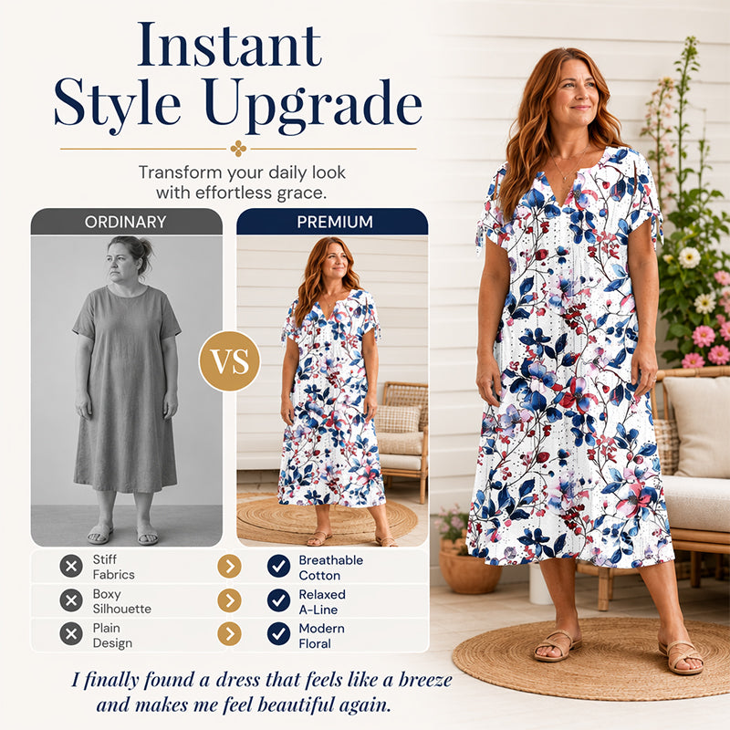 ☀️👗Top Pick - Casual Floral Midi Dress with V-Neck – Soft Drape & Romantic Print