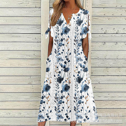 ☀️👗Top Pick - Casual Floral Midi Dress with V-Neck – Soft Drape & Romantic Print