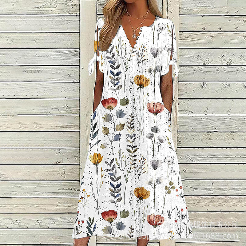☀️👗Top Pick - Casual Floral Midi Dress with V-Neck – Soft Drape & Romantic Print
